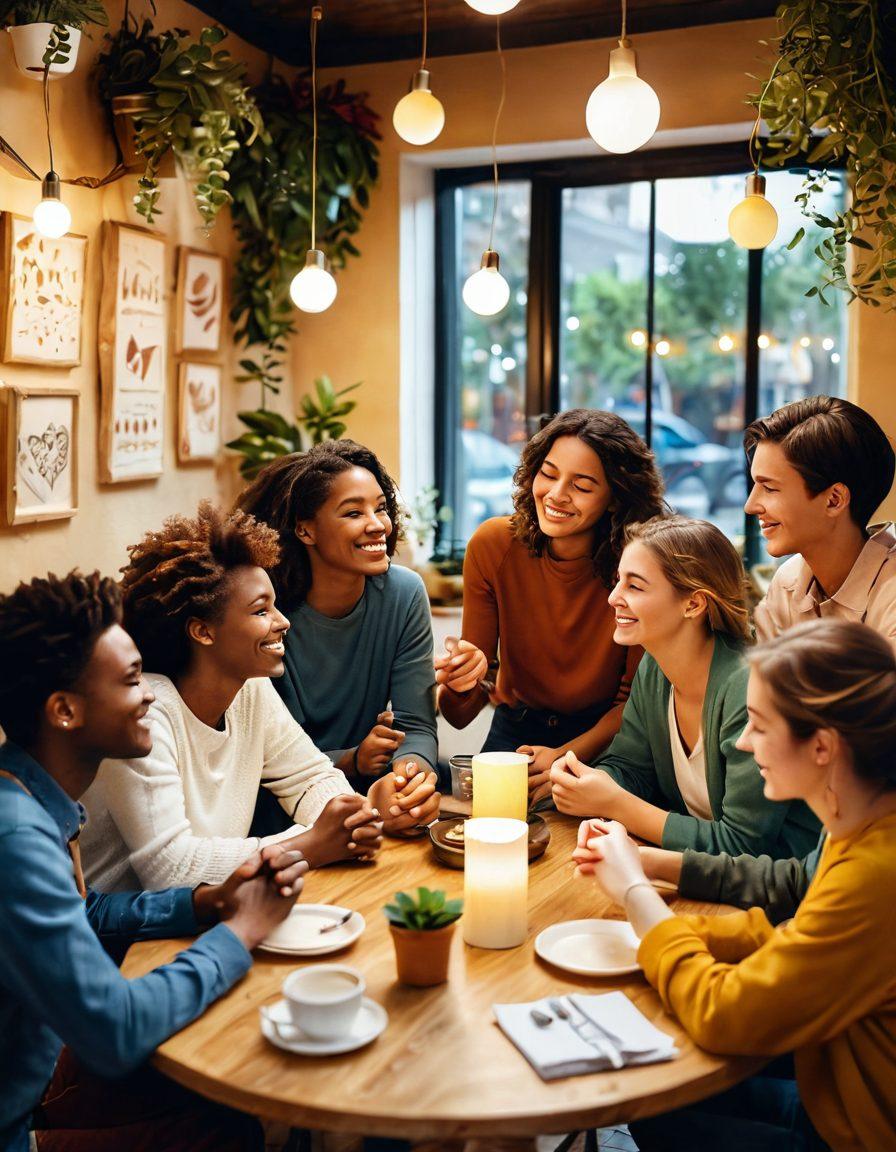 A vibrant scene depicting diverse groups of people engaged in warm and genuine moments of connection, surrounded by symbols of support like hearts, hands clasping, and chat bubbles. Illustrate a cozy café setting with soft lighting, plants, and a friendly atmosphere, showcasing emotions of joy, empathy, and understanding. Capture a sense of community and togetherness with varied age groups and backgrounds. super-realistic. warm colors. inviting atmosphere.