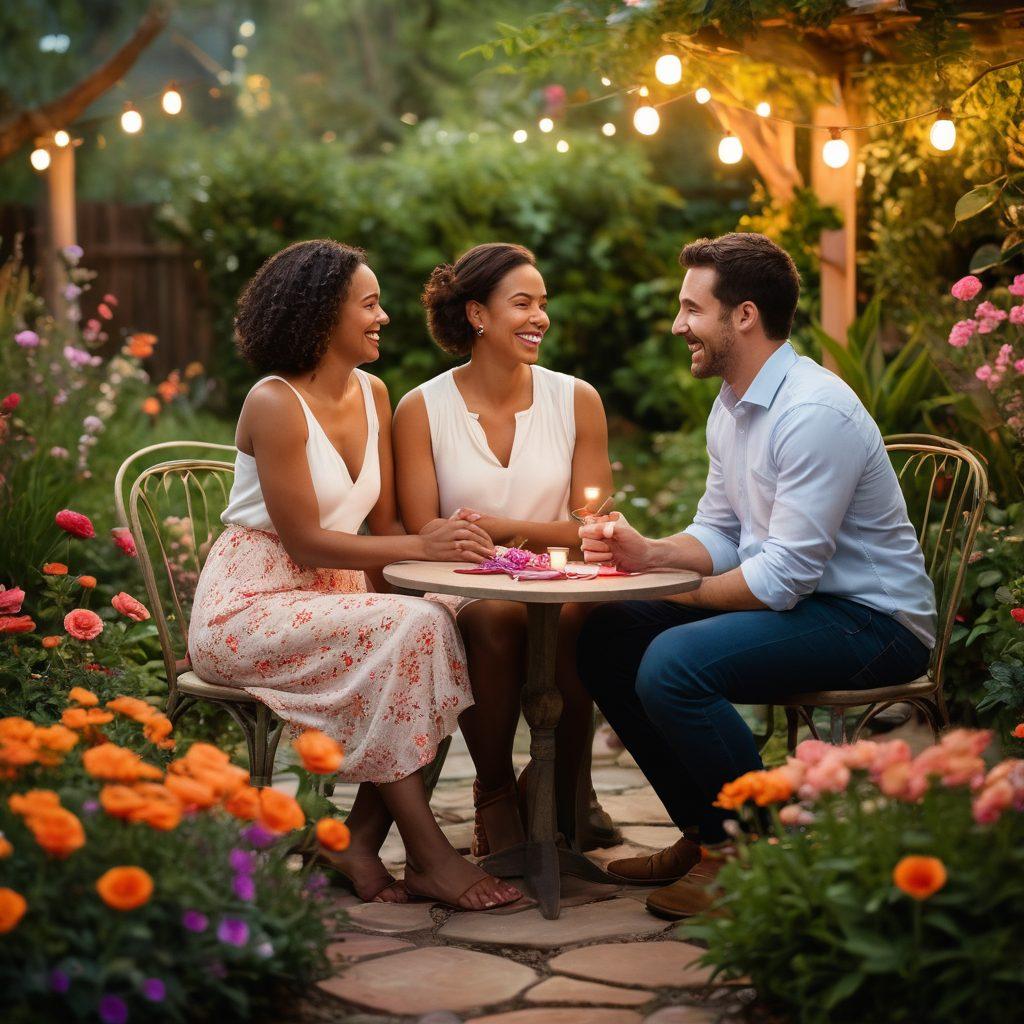 A warm, intimate scene depicting diverse couples engaged in deep conversation, sharing laughter and meaningful moments in a cozy garden setting. Include vibrant flowers and soft lighting to enhance the atmosphere of love and trust. Emphasize connection with visible heart shapes and soft hand-holding gestures. Create a sense of community with a background of friends and family supporting each other. vibrant colors. organic textures. 3D.