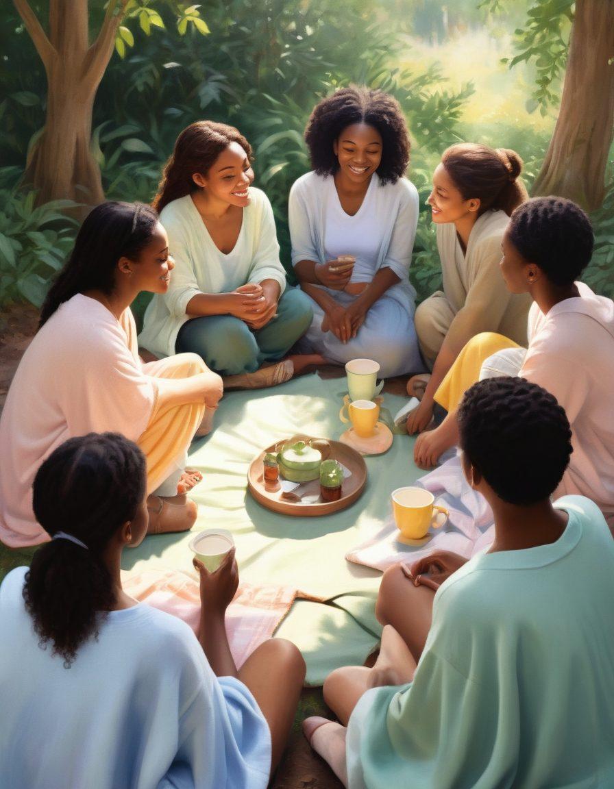 A warm, inviting scene depicting a diverse group of people sitting in a circle sharing stories, surrounded by lush greenery and soft sunlight filtering through trees. Expressions of joy, connection, and understanding should be evident on their faces, symbolizing intimacy and friendship. Include elements like cozy blankets and cups of tea to create a nurturing atmosphere. Soft pastel colors. super-realistic.